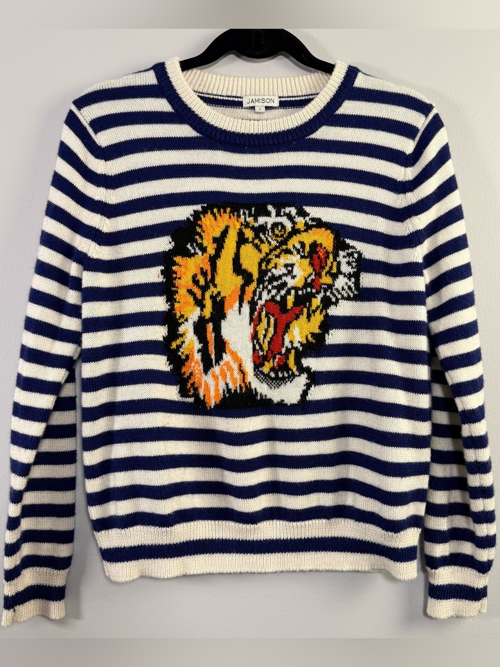 Jamison Tiger Motif Navy & White Striped Sweater Womens Large Knit Pullover